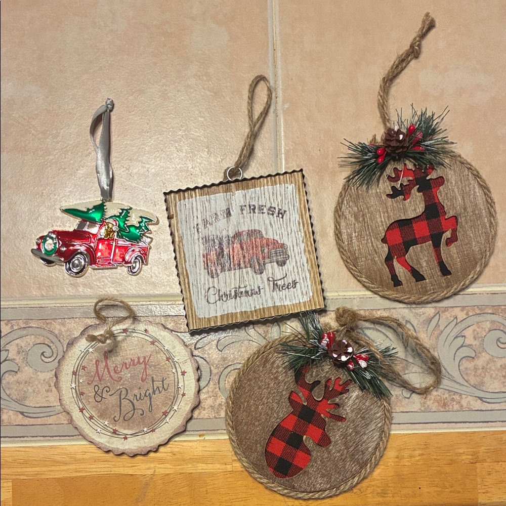 Rustic Holiday Ornament Set with Red Accents